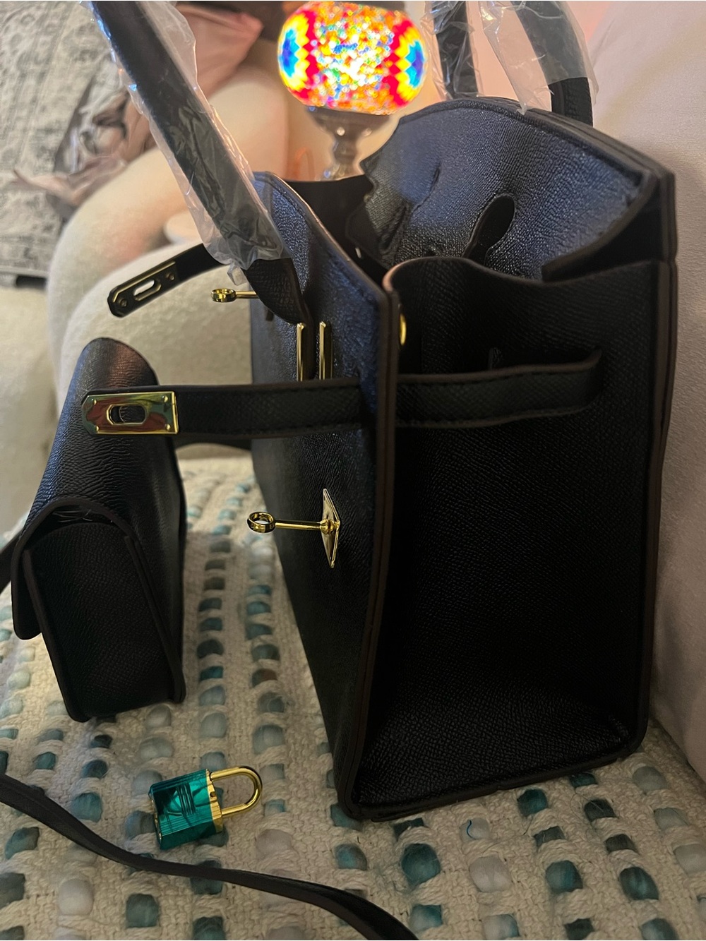 INSPIRED Black Structured Top-Handle Women’s Bag with Gold Hardware - Picture 11 of 14